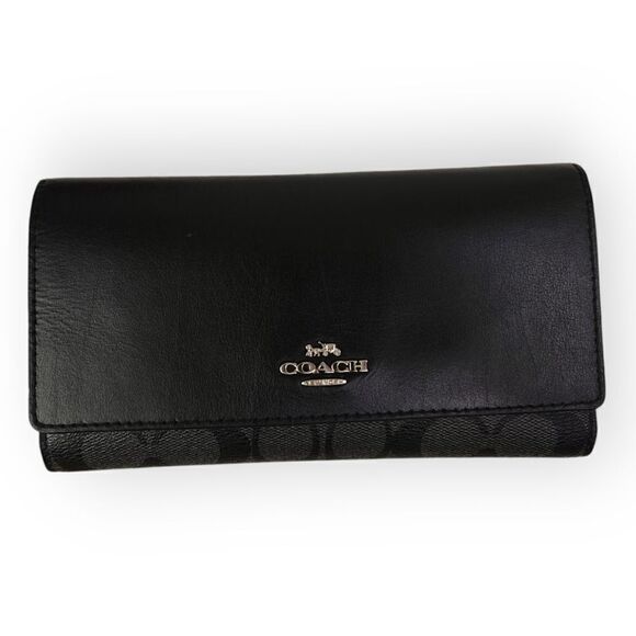 COACH CC LOGO CANVAS BLACK GENUINE LEATHER LONG WALLET PURSE CLUTCH - Picture 5 of 7